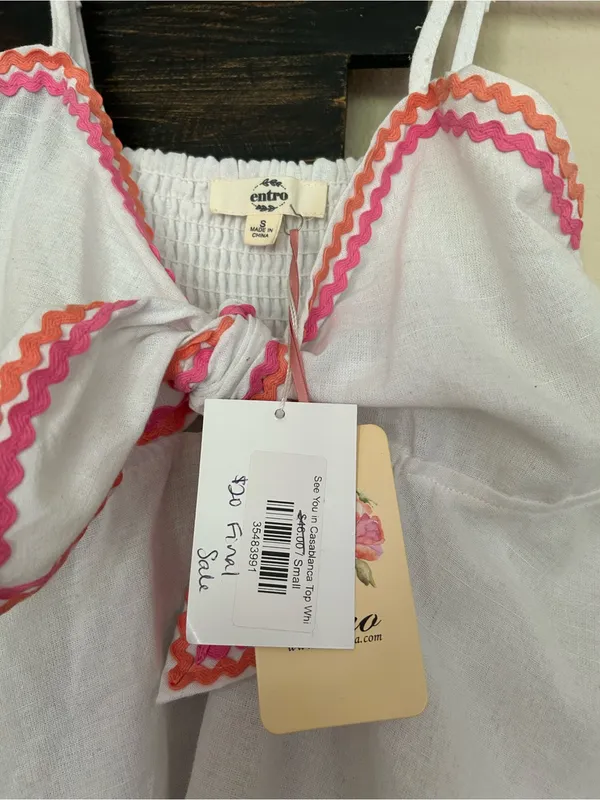 Entro Linen Tank Top Knot Tie-Front Multicolor Rickrack Embroidered Wave Trim - Image 2