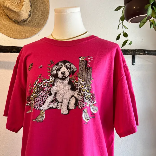 Jerzees Vintage 90s Pink Dog Garden Graphic Cotton Short Sleeve Tee Size Large - Image 2