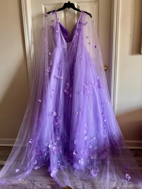 Ellie Wilde Lilac Embroidered Lace‎ Organza Sparkly Prom Dress w/Cape Sleeves 6 - Image 13