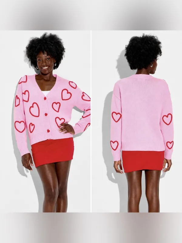 NWT 33 Degrees Pink Heart Graphic Cardigan Size Medium - Image 2