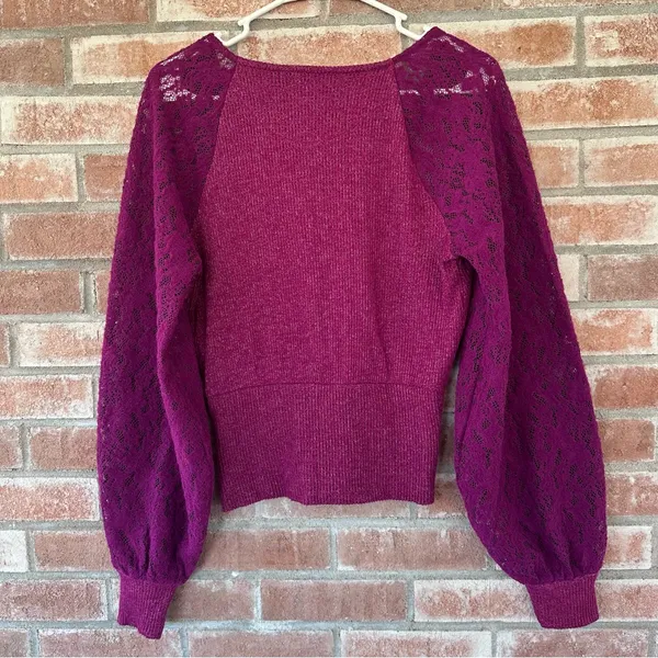 Anthropologie Lace Sleeve Women’s Medium Berry Pink Ribbed Feminine Flirty - Image 10