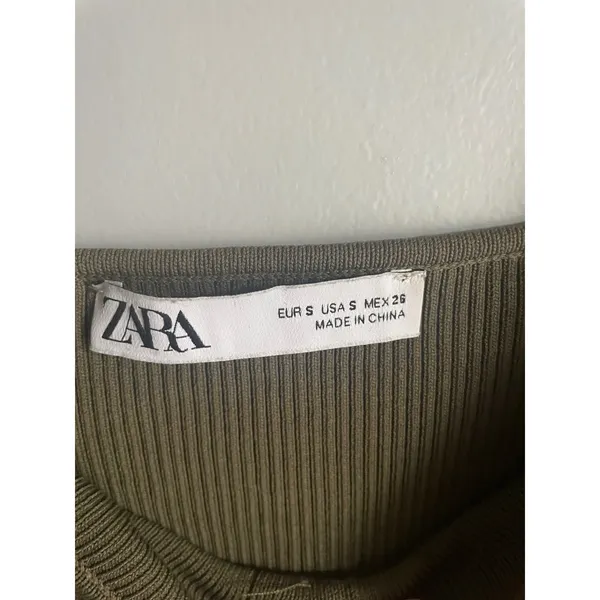 Zara Ren Faire Olive Green Knit Button Front Balloon Sleeve Crop Top Small - Image 3