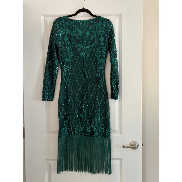 Unique Vintage 1920s Margaux Emerald Green Sequin Fringe Flapper Dress Small 4 - Image 5