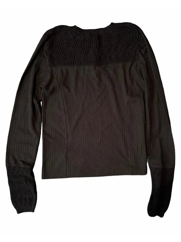 Free People M Black "Colette" Long Sleeve Pointelle Ribbed Crochet Knit Top - Image 3