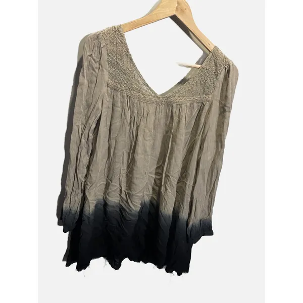Free‎ People Tunic Top Womens XS Taupe Black Ombre Lace Boho Embroidered Blouse - Image 2