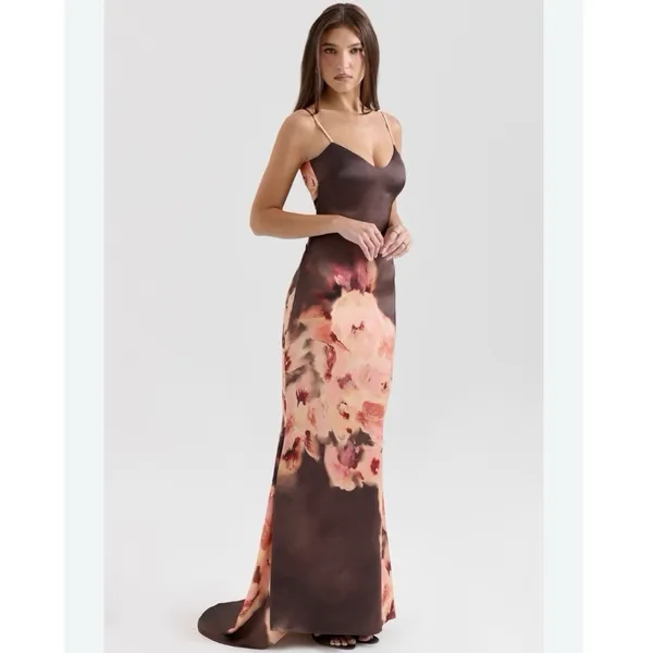 House of CB Mariamma Dark Brown Floral Printed Satin Maxi Dress - Image 2