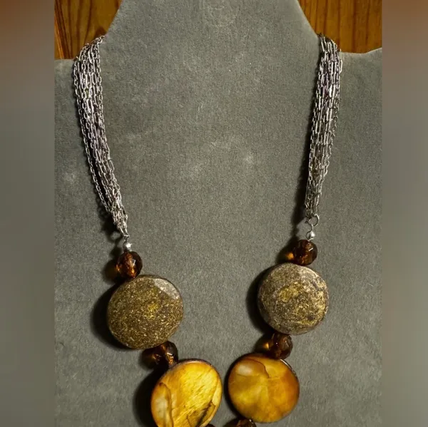 Bronzite Shell Statement Silver Tone Necklace Brown - Image 4