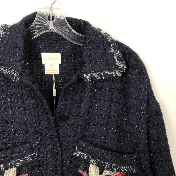 Foxiedox Floral Embroidered Fringe Tweed Jacket Dark Blue Women's Size Medium - Image 9