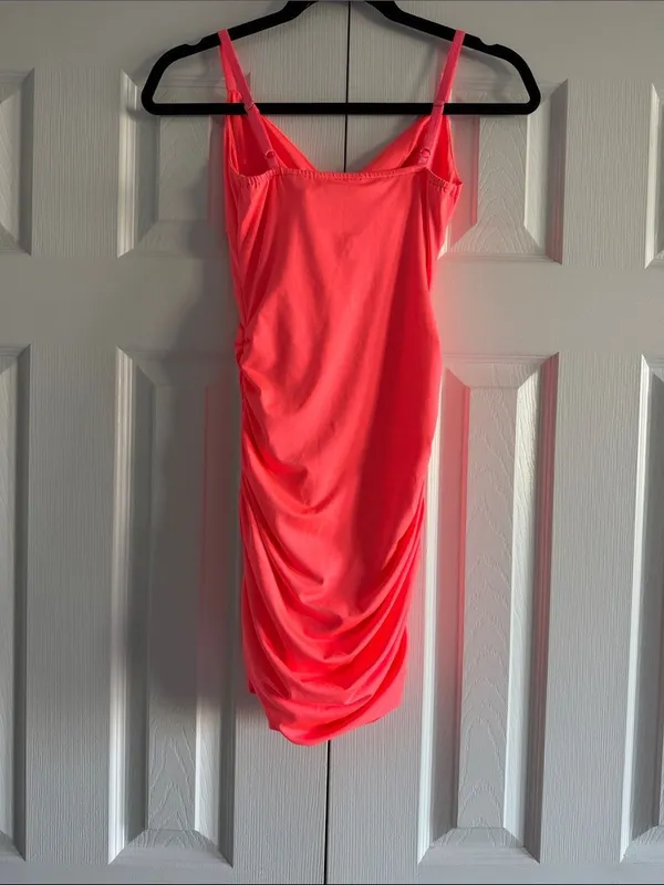 Katie J NYC Neon Pink Mini Dress Ruched Bodycon Cutout Knot Front XS Adjustable - Image 5