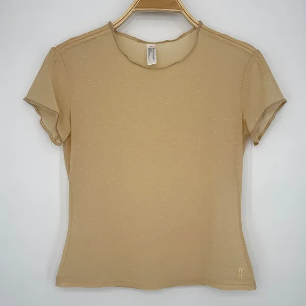Ralph Lauren Pointelle Mesh Short‎ Sleeve Tee Small Beige Y2K Minimalist Chic - Image 2