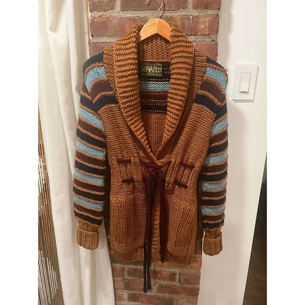 Vintage X-RATED Handknit Statement Cardigan Striped Sleeves Belted M - Image 8