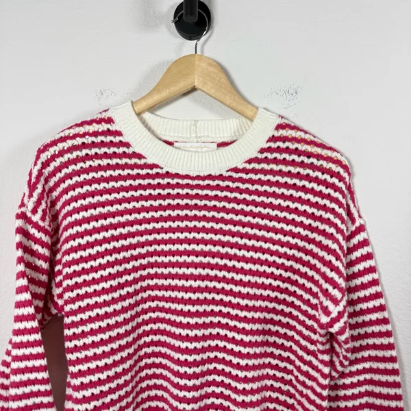 Spiritual Gangster Women’s Chunky Knit Striped Crewneck Sweater Pink/White XS - Image 5