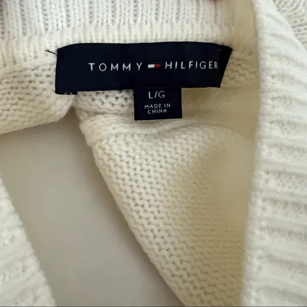 Tommy Hilfiger Sweater Ivory V-Neck Varsity Cable Knit Pullover Size L MSRP $79 - Image 5