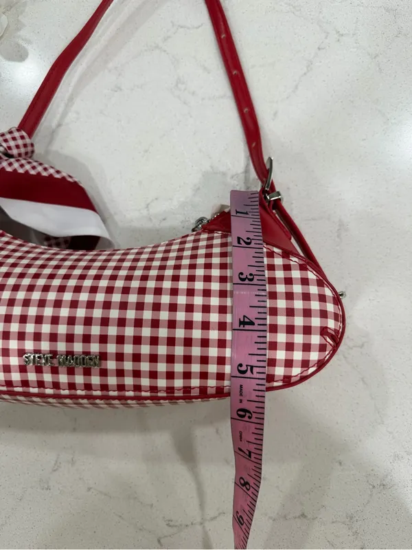 Steve Madden Red and White Gingham Shoulder Bag with Scarf Accent - Image 6