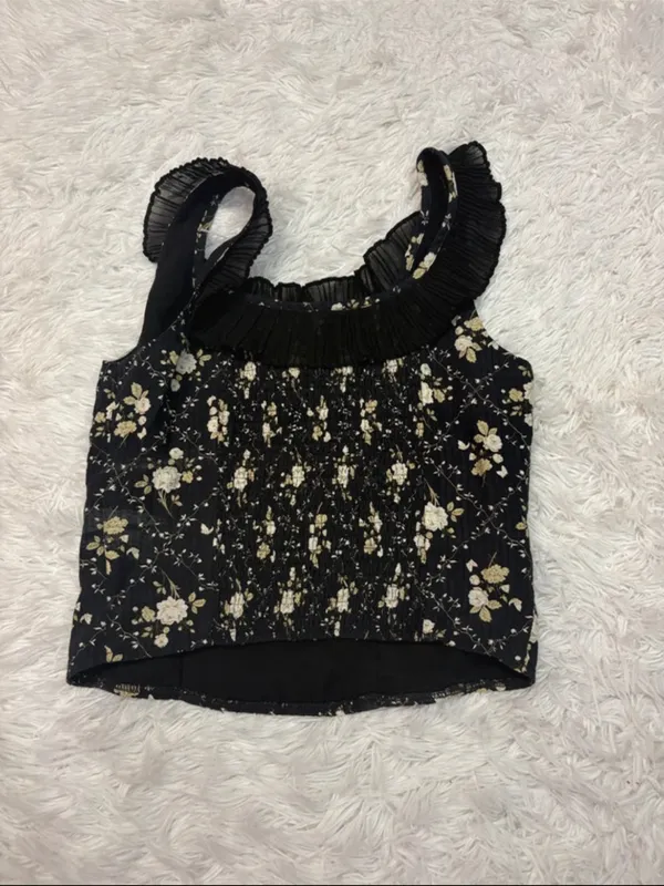 Heartloom Black Floral Pleated Square-Neck Tank Top - Image 2