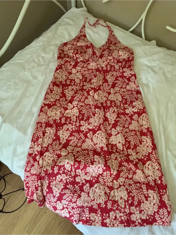 J. Crew Red and White Floral Halter Midi Dress 100% cotton y2k - Image 4