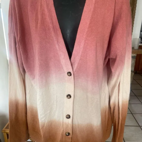 J.Jill Dip Dyed Ombré Cardigan Sweater Womens Large Pink Brown White But… - Image 3