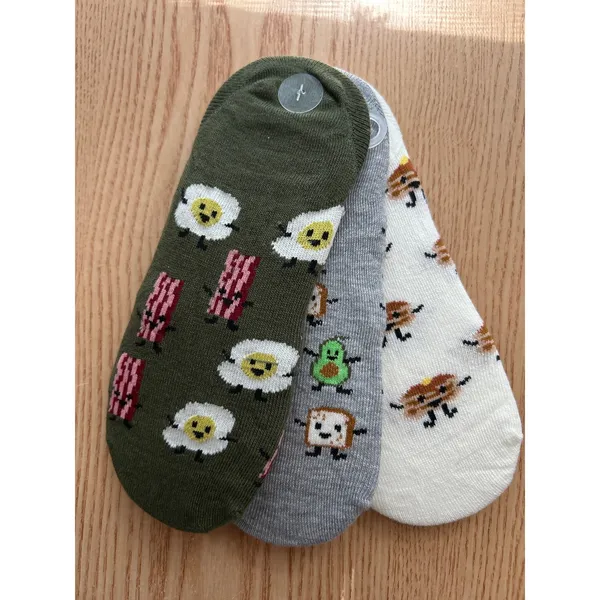 New Womens 3 Pairs Bacon Hello Socks! No show liner socks w/Heel Grip O/S 4-10 - Image 3