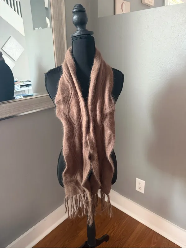Women’s Rabbit Hair Blend Soft Cozy Brown Neck Scarf Fringe - Image 2