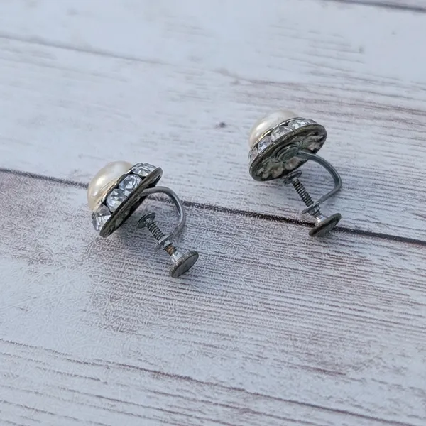 Vintage Screw On Earrings Faux Pearl with Clear Gem Halo - Heavy Tarnish/Wear - Image 5