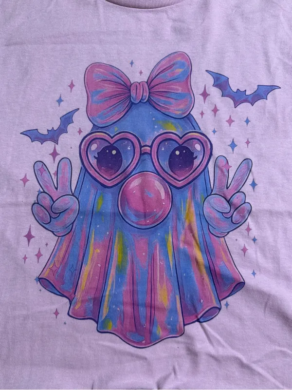 Gildan Light Pink Crop Long-Sleeve Tee with Rainbow Ghost Graphic - Image 5