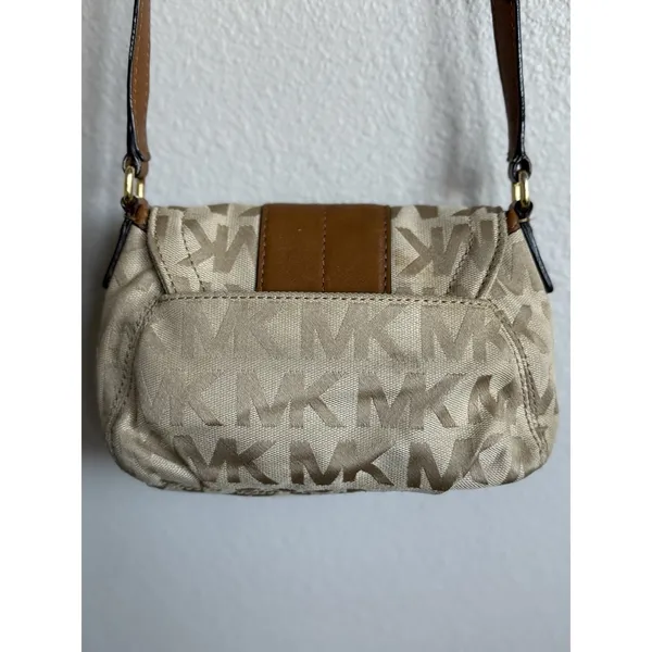 Michael Kors Small Signature Series Crossbody Tan Logo‎ Canvas Brown Leather - Image 5