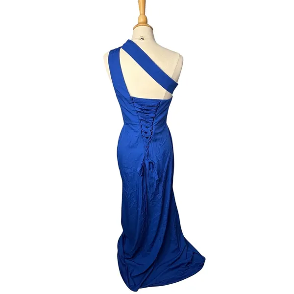 RYANTH One Shoulder Gown Womens Royal Blue 8 NWT Formal Lace Up‎ Back Side Slit - Image 2