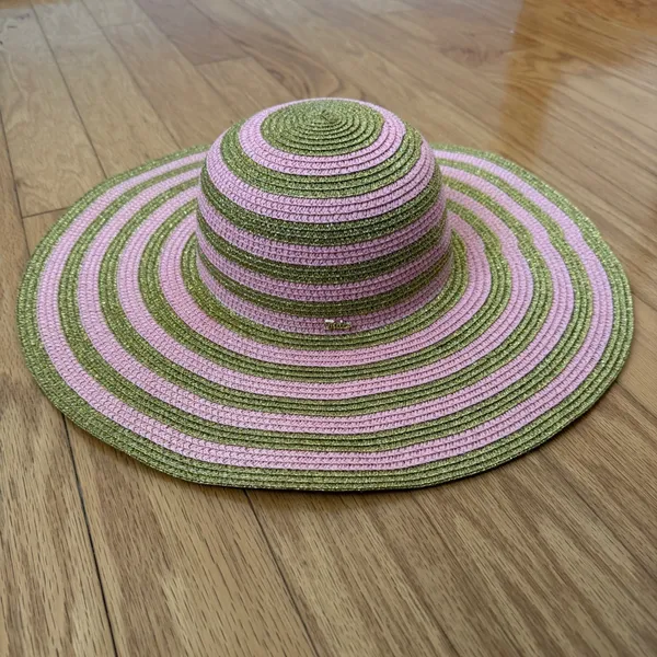 Juicy Couture‎ OS Pink Gold Stripe Straw Sun Hat Wide Brim Metallic Logo Beach - Image 8
