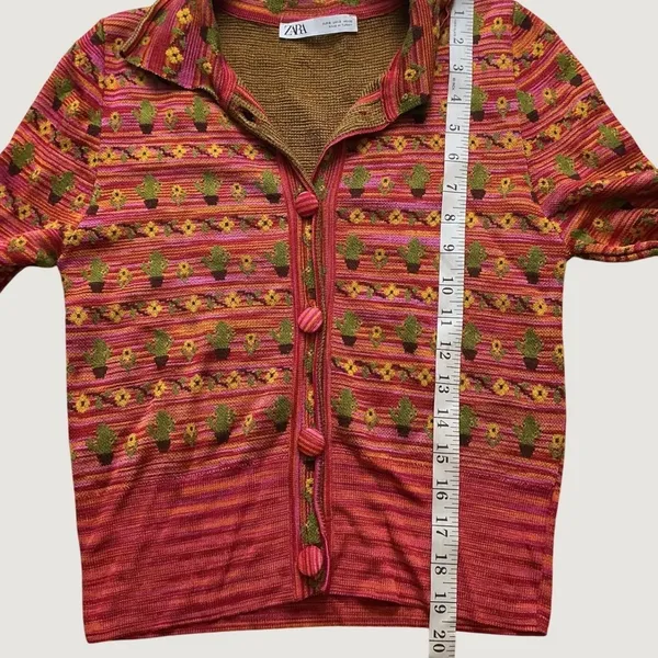 Zara Womens Cactus Floral Knit Cardigan Pink Orange Small Long Sleeve Button Top - Image 5
