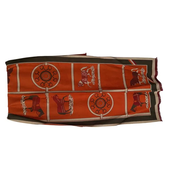 Equestrian Horse‎ Bit Print Oversized Scarf Wrap Orange Green Fringed Shawl - Image 2