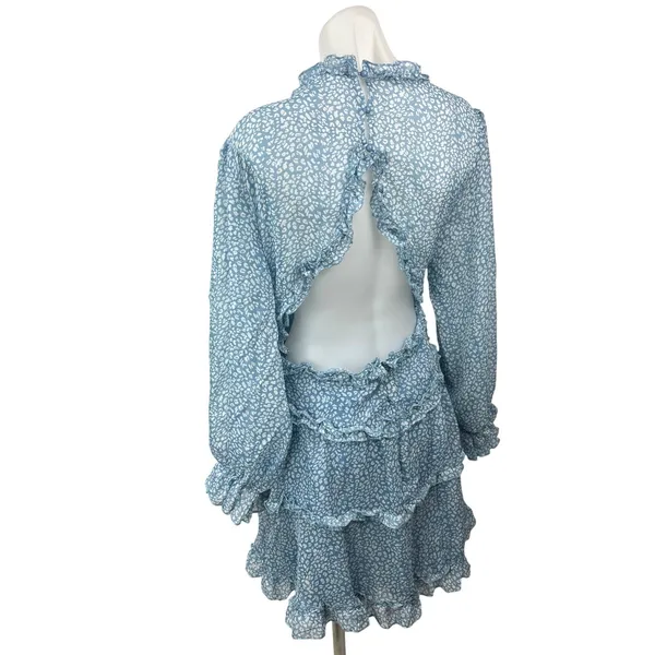 Blue White Floral Chiffon Ruffle Tiered Balloon Sleeve Mini Fit & Flare Dress XL - Image 3