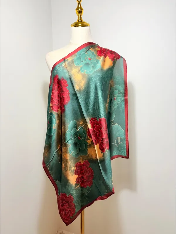 Elegant Square Satin Polyester Scarf with Vibrant Red and Teal Floral Pattern - Image 2