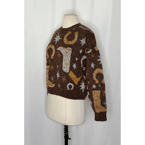 ZARA Western Cosmic Cowboy Boots Stars Jacquard Sweater Metallic Crewneck Small‎ - Image 7