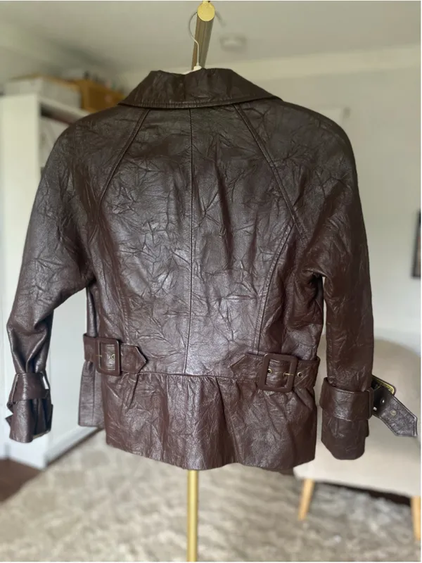 Vintage Leather Double Breasted Jacket Belted Coat Quiet Luxury Parisian 90s 80s - Image 3