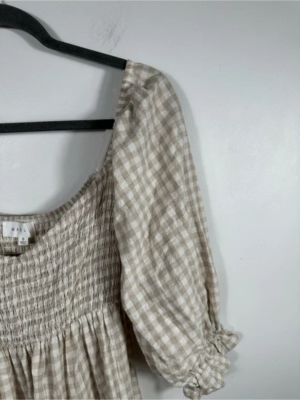 Anthropologie MABLE Gingham‎ Smocked Mini Dress Small Beige Babydoll Puff Sleeve Cotton - Image 5
