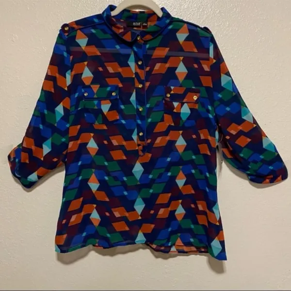 New A.N.A Colorful Geometric Blouse Size L | Semi Sheer Button Front Boho Top - Image 2