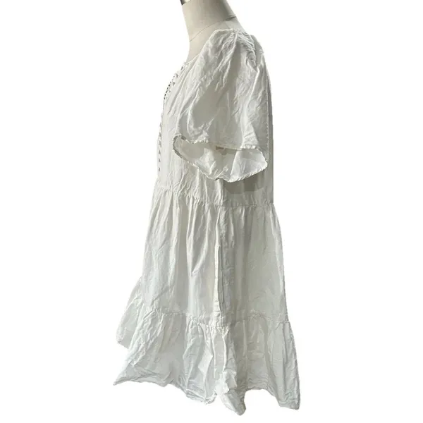 Madewell Women's Medium White Linen Blend Mini Dress Flutter Sleeve Tiered - Image 3