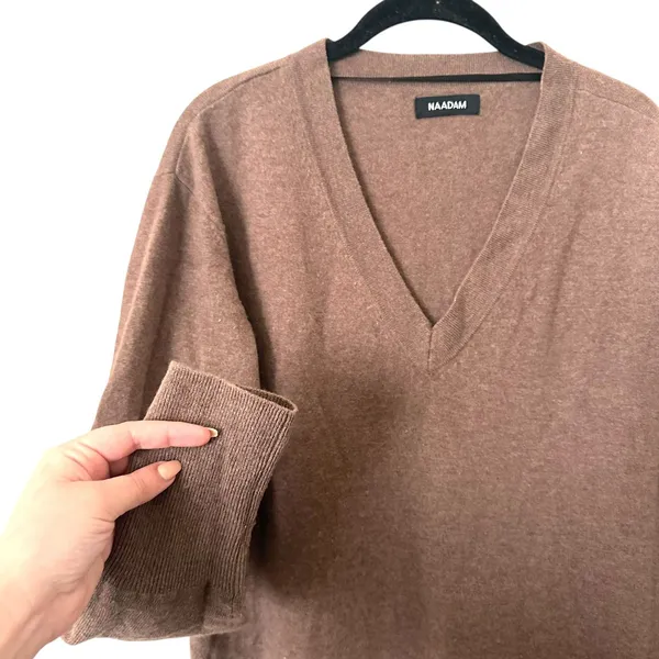 NAADAM Signature Cashmere‎ V-Neck Midi Dress Latte Brown Medium - Image 4