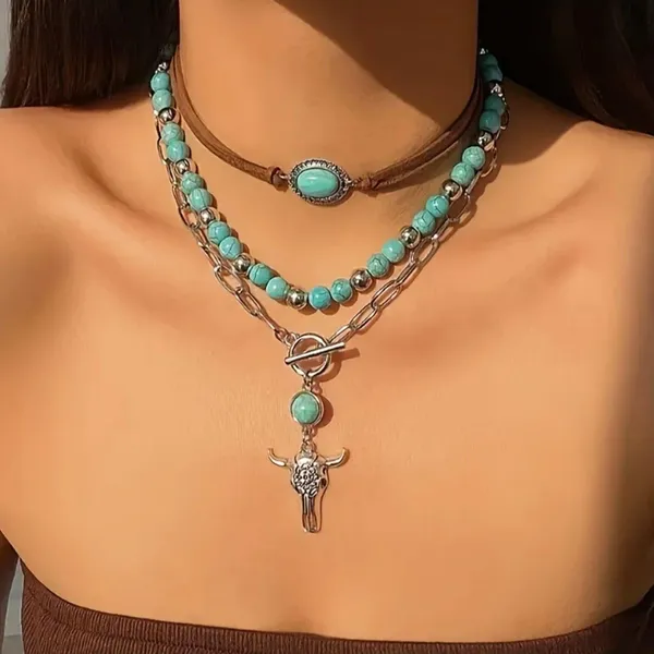 Turquoise and Silver Layered Necklace Set Blue - Image 5