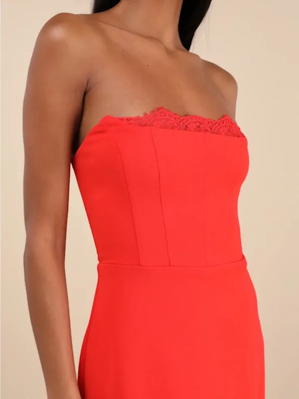 Lulus Memorably Iconic Red Strapless Lace Bustier Maxi Dress - Image 2