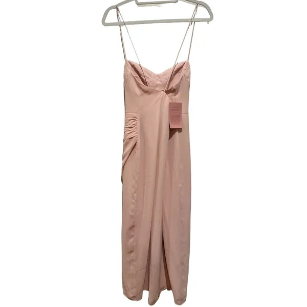 Anthropologie BHLDN CORSETED BABY PINK LONG RUCHE SIDE LINED MAXI CRISS CROSS DRESS 12 - Image 5
