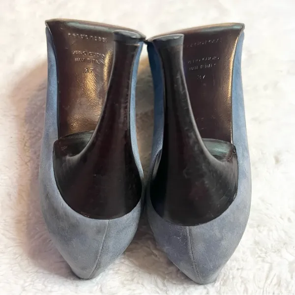 Sergio Rossi Pointed Toe Heals Blue Suede & Embossed Brown Leather Size 37 US 7 - Image 11