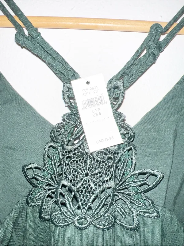 Aerie Dark Green Ribbed Lace-Back Floral Cami Crop Top - Image 7