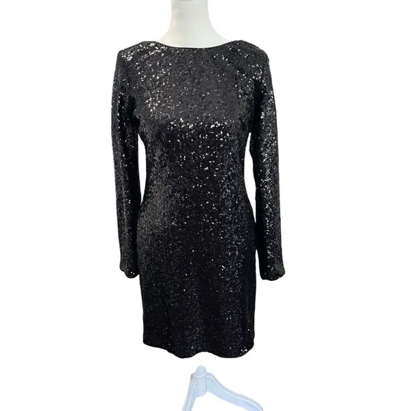 Dress the Population Kelly Black Sequin Open Back Mini Dress L - Image 3
