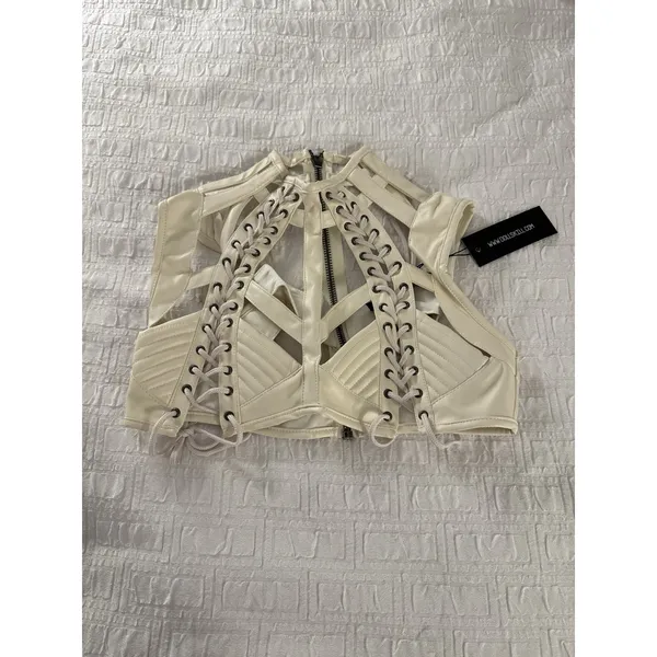 Dolls kill RUDE AWAKENING HARNESS BRA TOP Size Small Club Exx Ivory Faux Leather - Image 2