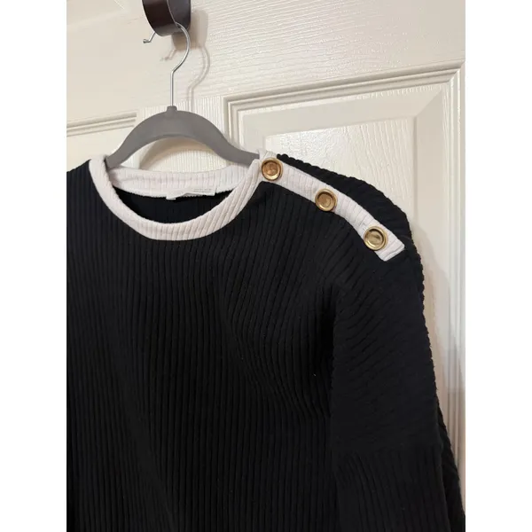 Zara Black White Ribbed‎ Knit Button Shoulder Sweater Womens Large Nautical Crew - Image 2