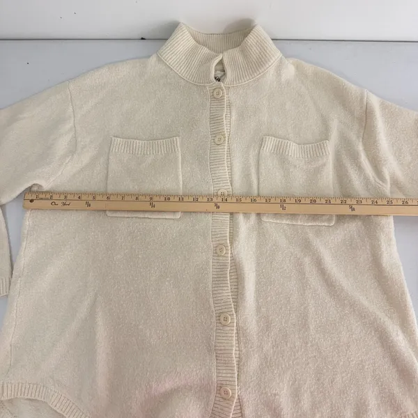 Aerie Button Front Cardigan Womens Small Mock Neck Pocket Knit Cream Oversized - Image 7