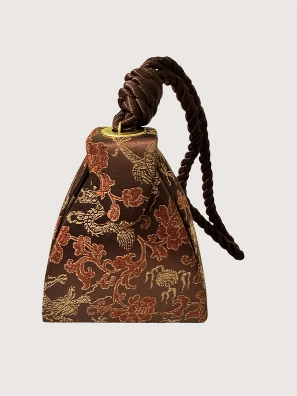 VTG Asian Brocade Dragon Knot Handle Handbag Brown Satin Mini Evening Bag Clutch - Image 3