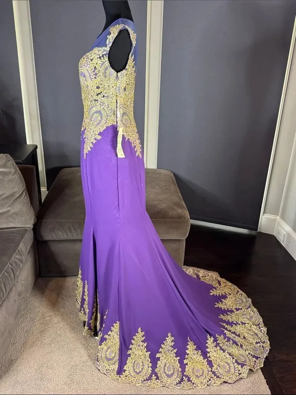Women’s Purple Formal Evening Gown Gold Accents Mermaid Fit Train Size 10 NWT - Image 5