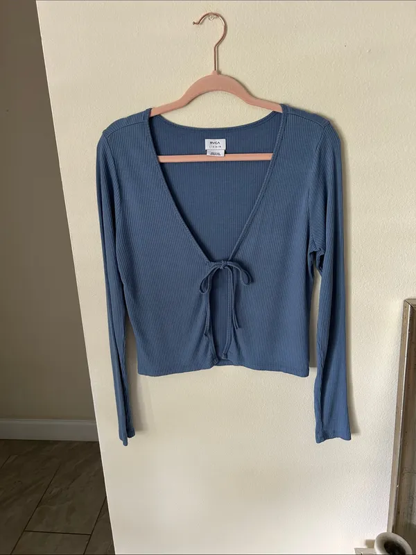 RVCA blue ribbed tie front long sleeve top L Y2K school casual - Image 2